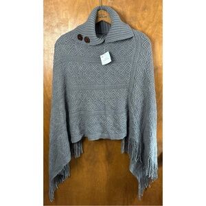 Earthbound Trading Gray Fringe Button Shawl Poncho Cable Knit Sweater NWT Boho